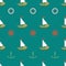 Marine design seamless pattern, sea travel background, anchor, boats, helm, lifebuoy object