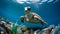 Marine Dilemma: Turtle Amidst Plastic Bottles. Ai generated