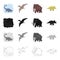 Marine dinosaur, pterodactyl, prehistoric mammoth, triceraptor. Dinosaurs and prehistoric set collection icons in