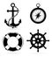 Marine equipment anchor compass lifebuoy steering black outline silhouette stock vector illustration