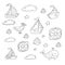 Marine icons for children. Coloring. Ship, yacht, albatross, whale, lifebuoys, clouds, stars, anchor. Hand drawn. Vector