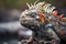 marine iguana on dark volcanic rock