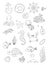 Marine illustrations set. Little cute cartoon funny fish, starfish, bottle with a note, algae, various shells and crab