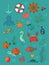 Marine illustrations set. Little cute cartoon funny fish, starfish, bottle with a note, algae, various shells and crab