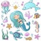 Marine illustrations set. Little cute cartoon mermaid siren, tropic fish, sea starfish, various shells, sea horse