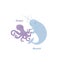 Marine inhabitants cartoon octopus and narwhal isolated sea animals. Vector illustration