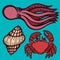 Marine inhabitants. Octopus, crab and shellfish. Isolated objects. Vector Image.