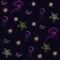 Marine inhabitants seamless vector pattern. Jellyfish, starfish and sea urchin in neon colors on a dark background