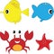 Marine inhabitants - yellow fish, blue whale, red crab, red starfish. Application, background, icon.