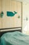 Marine interior of bedroom, turquoise color