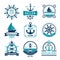 Marine labels. Nautical logo sailing boats rope and marine knot framed vector badges