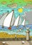 Marine landscape.  seagulls in the foreground.  in the background a regatta of sailing boats.  cloudy sky.  illustration