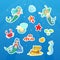 Marine Life Cute Stickers Collection, Cute Little Mermaids and Aquatic Nature Patches Vector Illustration