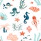 Marine Life flat vector seamless pattern background. Underwater animals wildlife