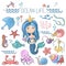 Marine life illustrations set. Little cute cartoon mermaid princess siren with sea ocean fishes and others animals.