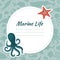 Marine life memo page decorated with octopus and starfish. Notebook, diary, stationery, organizer page, sticker cartoon