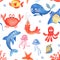 Marine life: octopus, jellyfish, stingray , seashell, coral, dolphin, fish, starfish. Seamless ca