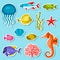 Marine life set of sticker, objects and sea