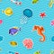 Marine life sticker seamless pattern with sea