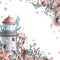 A marine lighthouse with algae, corals, shells and a starfish. Watercolor illustration. Templates from the collection of