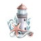 A marine lighthouse with algae, a starfish, shells and a wave of water. Watercolor illustration. Composition of a large