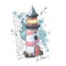 A marine lighthouse on a background of watercolor spots and splashes, letters in English about the Atlantic, with flying