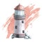 A marine lighthouse with pebbles on a background of watercolor spots and splashes. Watercolor illustration. Composition