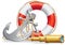 Marine, nautical, sea, ocean set. Flat vector lifebuoy, spyglass, ship anchor on white background