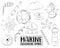 Marine nautical travel icons set. Black and white hand drawn outline doodle objects. Coloring page kids game.