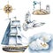 Marine navigation watercolor illustration. Ship, boat, lighthouse, seagull, compass, anchor, clouds. A flying bird. the