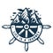 Marine old helm and mountain. Nautical wheel logo