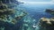 Marine panorama - Sunlit tropical ocean floor with corals.
