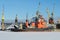 Marine rescue tug `Zeya` on the Kanonersky Ship Repair Plant on a sunny February day. Saint-Petersburg