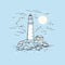 Marine romantic blue background. Hand drawn vector sketch with lighthouse, house, sea and sky