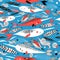 Marine seamless graphic pattern with different white whale