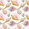 Marine seamless patern of sea shells. Watercolor illustration for textile, greeting cards