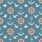 Marine seamless pattern. Anchor and rudder. Watercolor illustration. Isolated on a blue background.