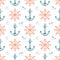 Marine seamless pattern. Anchor and rudder. Watercolor illustration. Isolated on a white background.