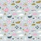 Marine seamless pattern on a blue background. Ship, yacht, albatross, whale, lifebuoys, clouds, stars, anchor. Hand