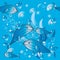 Marine seamless pattern. Cartoon hand drawn fishes. Blue water background with glowing bubbles, seeweeds, water plants, love