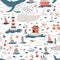 Marine seamless pattern. Childish illustration in simple hand-drawn Scandinavian style. Cute animals and fish. Whales, sharks,