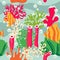 Marine seamless pattern with corals, seaweeds, and tropical fishes. Vector illustration
