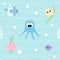 Marine seamless pattern with cute baby sea animals. Ocean background with smiling baby octopus, starfish, seashell, fishes,