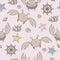 Marine Seamless Pattern. Cute funny crabs with eyes and corals, starfishes and seashells on light background. Vector. For design,