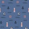 Marine seamless pattern. Lighthouse, sailboat, anchor and lifebuoy on blue background. Color vector illustration for