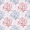 Marine seamless pattern of marine animals, corals, plants, shells, starfish, octopuses, seahorses, algae, turtles.