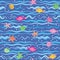 Marine seamless pattern with sea â€‹â€‹waves, fish, starfish, seashells .