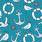 Marine seamless pattern. Seaguls, anchor and lifebuoys on blue background. Summer trip, adventures. Cartoon cute vector