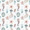 Marine seamless pattern with seahorses, jellyfish, bubbles, seashells, algae, starfish and corals. Watercolor