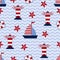 Marine seamless pattern with ship, starfish, lighthouse and lifebuoy. Sea and wave theme